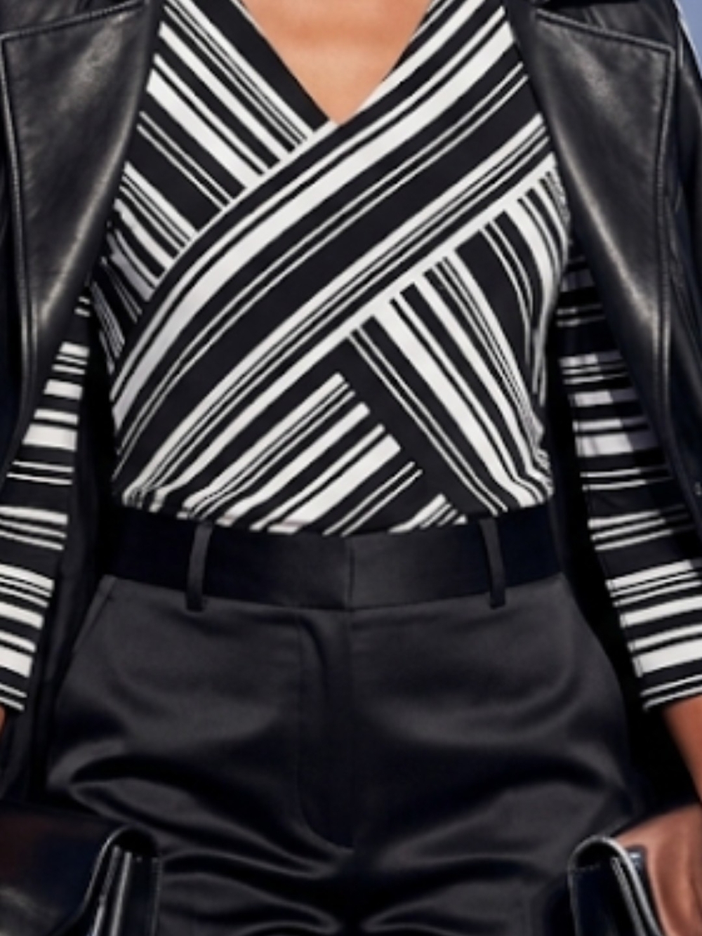 Chico's Black White Geometric Stripe Faux Wrap Top Size 2 (L / 12-18) Stretch